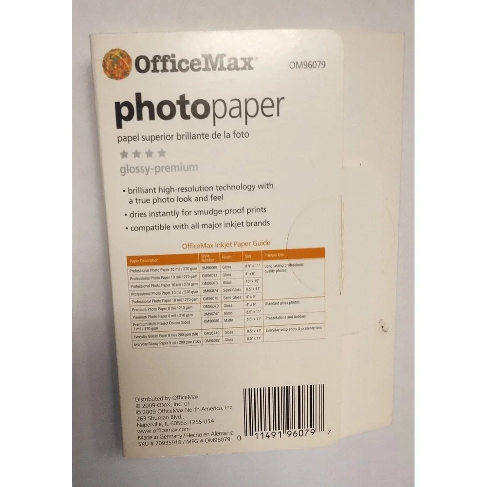 OfficeMax Premium Glossy Photo Paper 4x6 100 Sheets Inkjet OM96079 210g 8 mil